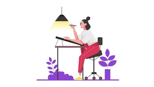 Animated woman drawing on graphics tablet at desk under lamp