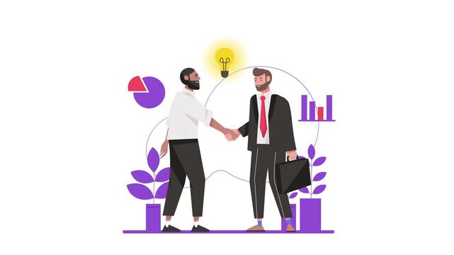 Animated businessmen shaking hands with growth charts and idea lightbulb