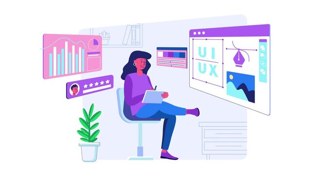 UI UX designer working on dashboard and wireframe, animated illustration