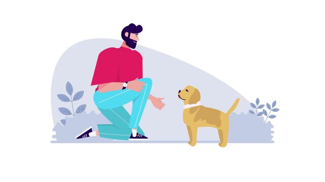 Animated man kneeling to train a dog in a calm outdoor park scene