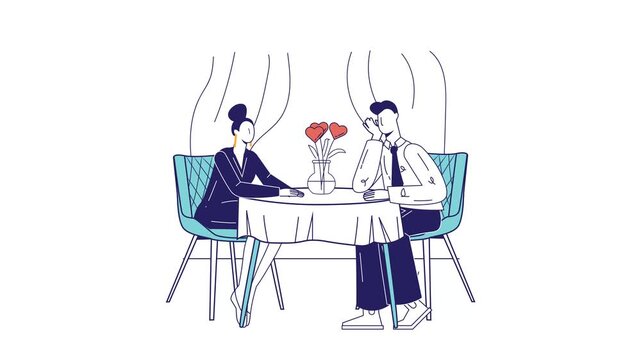 Animated couple sharing romantic date at caf&eacute; table with heart flowers