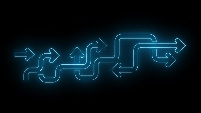 Glowing blue neon arrows pointing in multiple directions on a black background with a white border at the bottom.