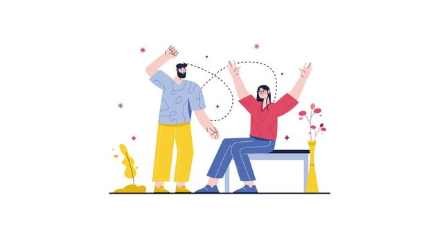 Flat vector animation of man and woman celebrating teamwork on bench