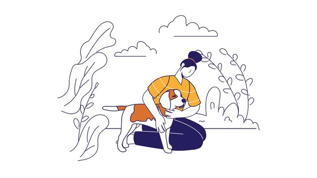 Minimal line art animation of woman embracing dog in outdoor garden