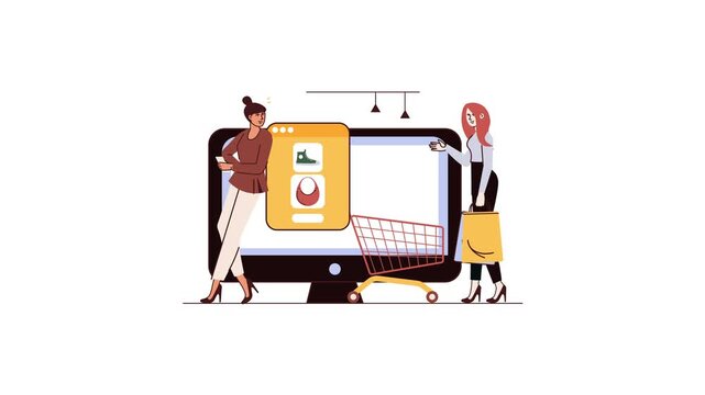 Animated online shopping illustration with women, smartphone and cart