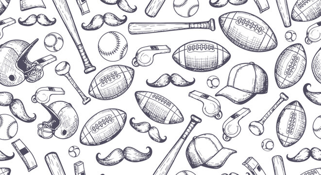 Sports Equipment and Moustaches Hand Drawn Sketch Pattern