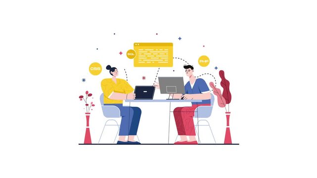 Flat vector animation of two developers collaborating on code project