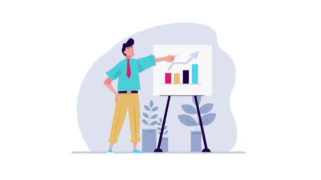 Businessman presenting growth chart on easel in flat vector animation