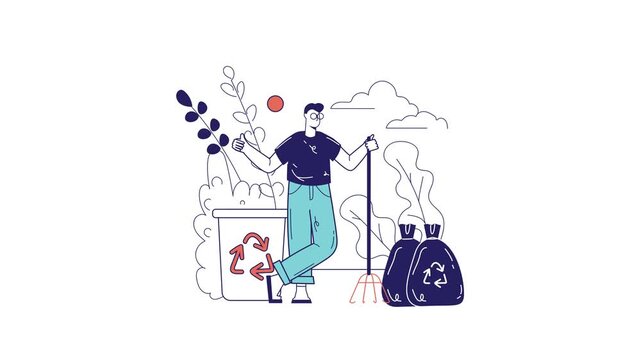 Animated man sorting recycling with eco bags beside a recycle bin