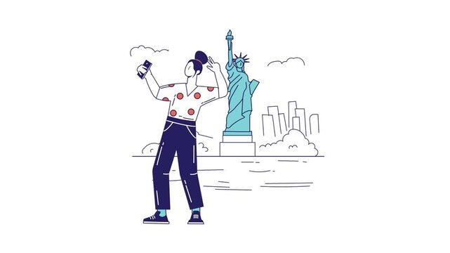 Animated woman taking selfie near Statue of Liberty in New York
