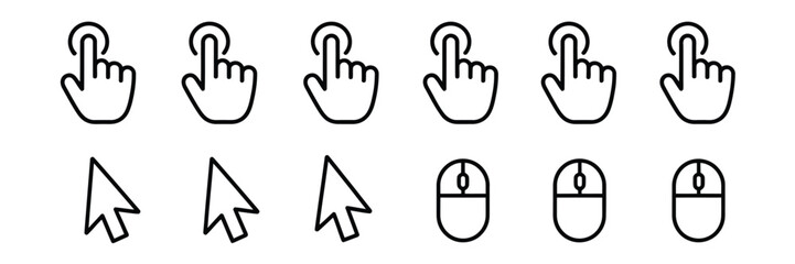 Obraz premium Hand Pointer Cursor Mouse Icon Set Featuring Black Finger Touch Screen Symbol and Clicking Cursor Arrow for Computer Key Navigation and Mobile App Interface.