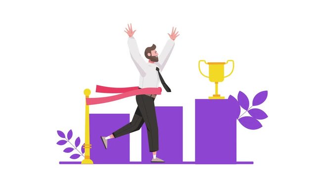 Animated businessman crossing finish line toward victory trophy