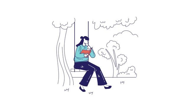 Animated young woman reading on swing in minimalist park illustration