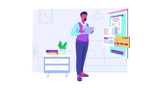 Man managing bills and online payments on tablet in living room animation