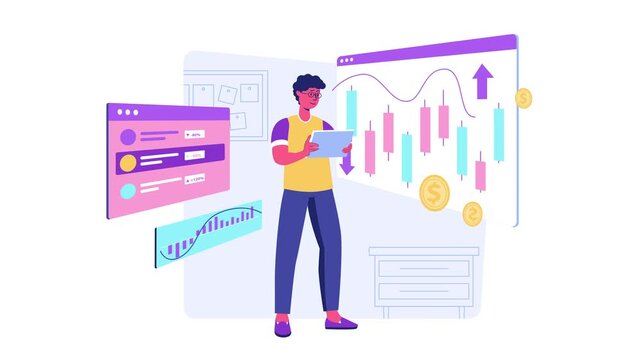 Animated man analyzing stock market charts with tablet and dashboards