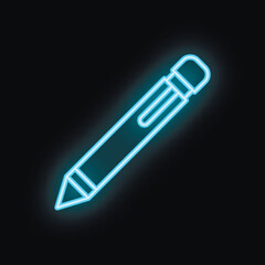 Fototapeta premium Neon blue pen glowing on a black background, representing concepts like writing, creativity, and ideas