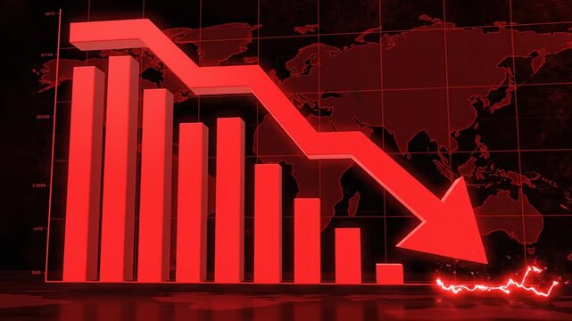 A declining graph shows a downward trend on world economic data with a red arrow and bars on a dark background.