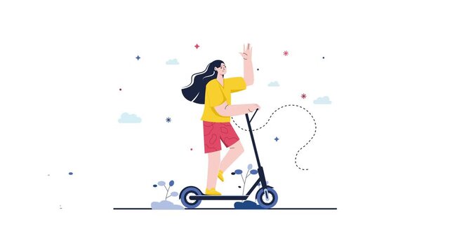 Animated young woman riding scooter and waving on playful outdoor path