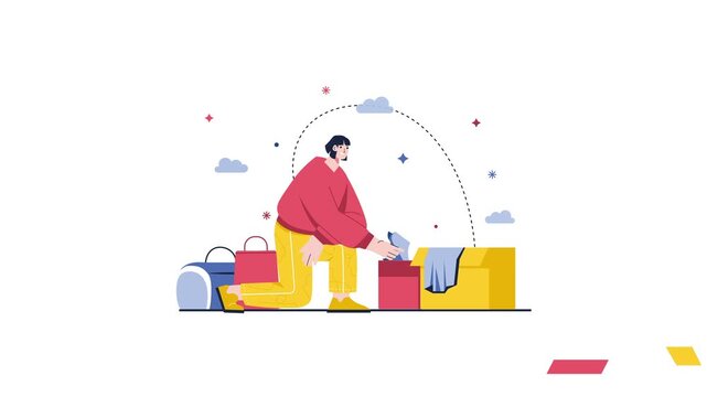 Animated woman packing luggage with suitcase and bags for travel scene