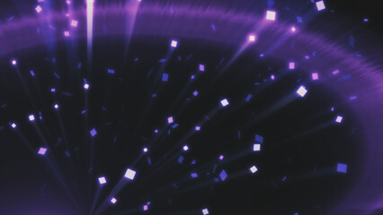 Fototapeta premium Glowing purple squares and light beams radiate across a dark, abstract background, creating a vibrant digital display.