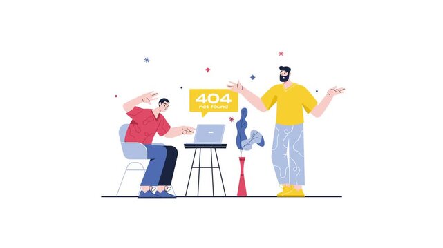 Animated 404 error page with people troubleshooting laptop issue