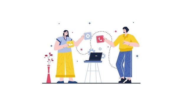 Animated women exchanging app icons around laptop in remote teamwork