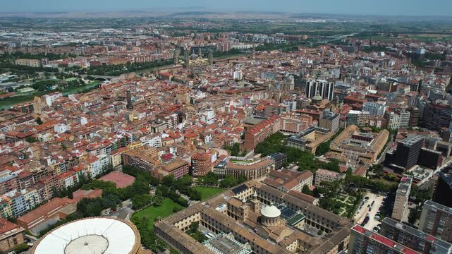 An Aerial panorama view beside the old town in the city of  Saragossa on a sunny summer noon in Spain.
