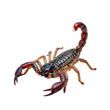 Striking scorpion stands poised with its stinger raised on a clean white background