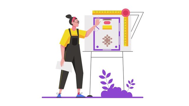 Flat vector animation of female fashion designer presenting a layout