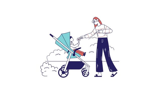 Mother and child with stroller in playful flat animation illustration