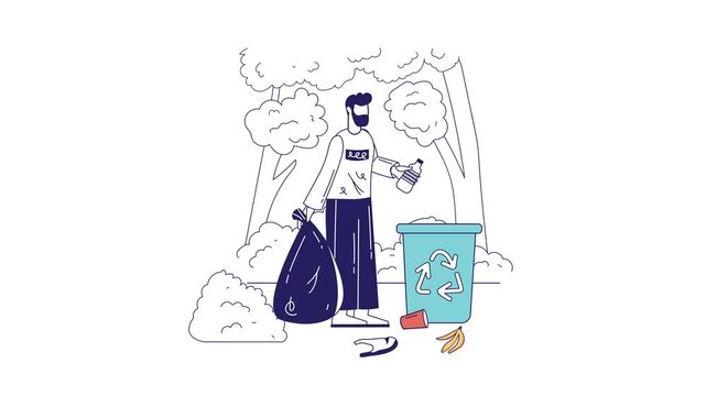 Animated illustration of man collecting litter in forest park with recycling bin