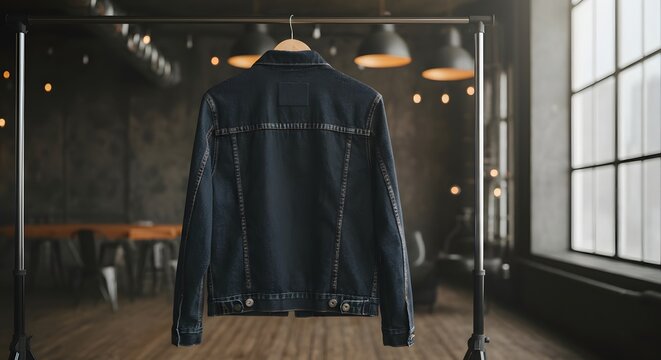 Blank dark denim jacket back mockup hanging in industrial loft.