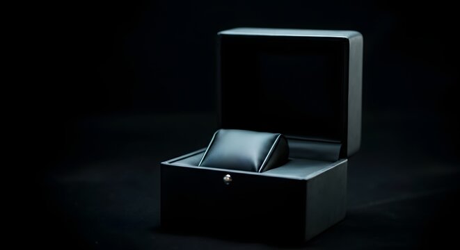 Blank unbranded luxury watch box open with black velvet interior.