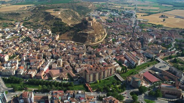 An Aerial panorama view beside the old town in the city of  Monzon on a sunny summer noon in Spain.