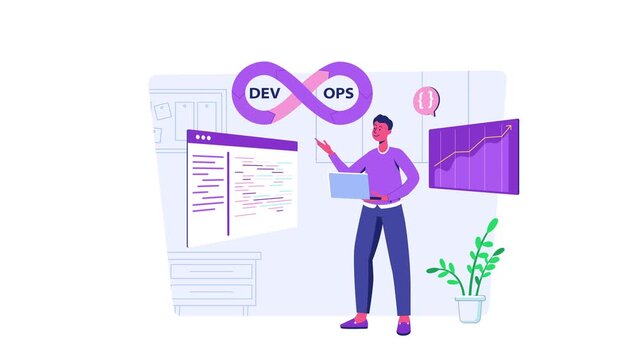 Animated DevOps engineer presenting code and growth chart in office