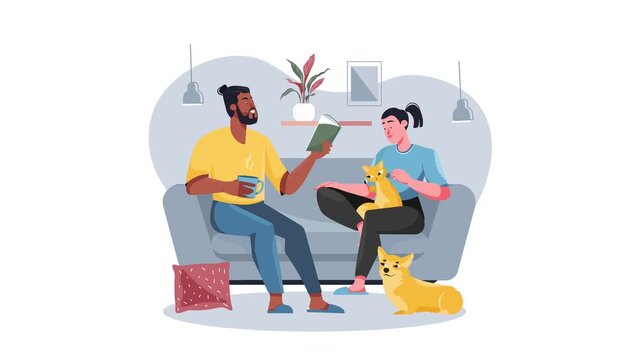 Couple relaxing on sofa reading books with cats in cozy living room animation