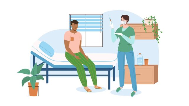 Flat animation of nurse giving vaccine injection to patient in clinic