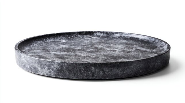 Empty round dark grey textured stone plate, concrete tray or display platter isolated on white. Modern minimalist home decor.
