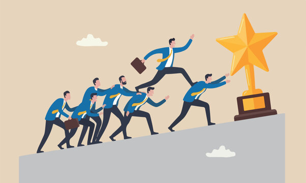 Career competition jump other people to get to goal, take advantage of coworker to success, selfish businessman jump over other people to achieve target