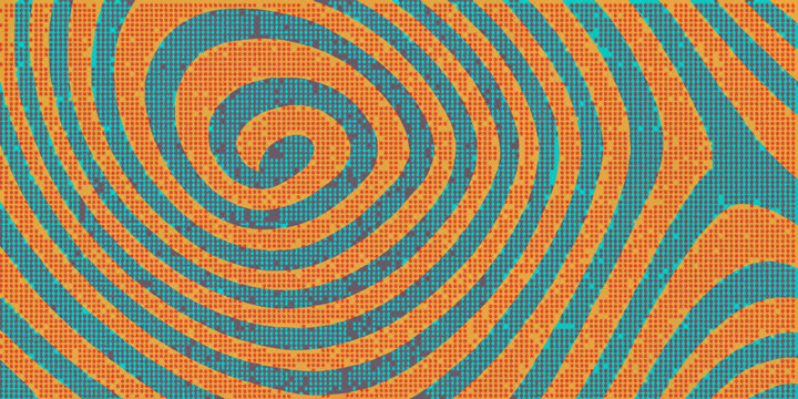 A vibrant swirling pattern of orange and teal pixelated concentric circles