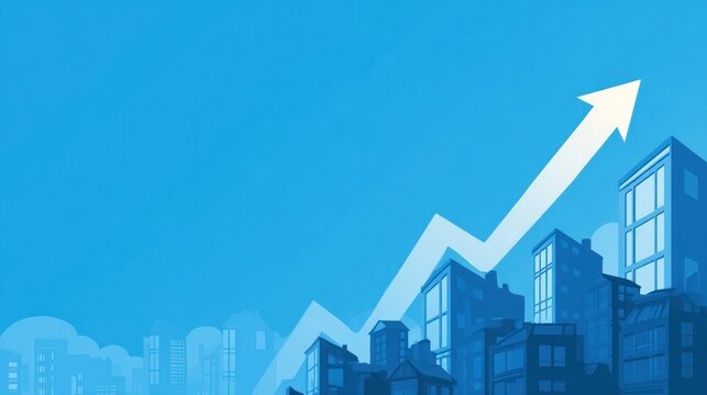 City skyline with upward trending arrow on a blue background, symbolizing urban development, business growth, economic progress, and success concept.