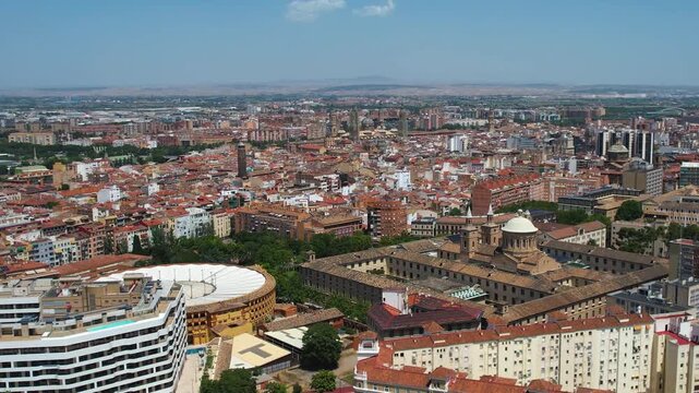 An Aerial panorama view beside the old town in the city of  Saragossa on a sunny summer noon in Spain.