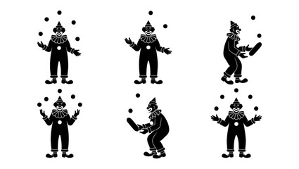 Vintage circus clown silhouette set, 6 juggling performer vector icons, retro carnival entertainer illustrations for event posters and branding © Designhoost Ltd