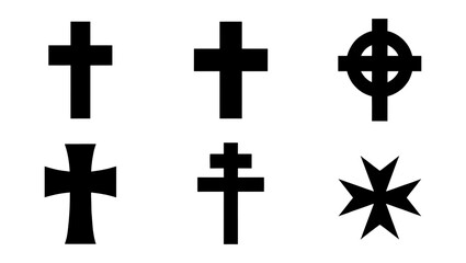 Obraz premium Religious cross icons set, black christian crucifix silhouettes, collection of 6 spiritual symbols including celtic and maltese crosses