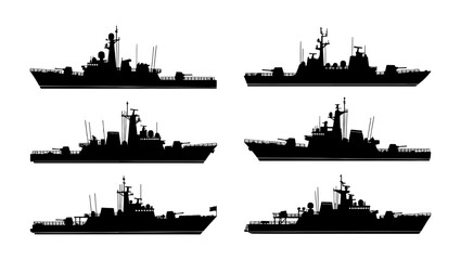 Military warship silhouettes set, collection of 6 naval vessel icons, black destroyer and frigate vector shapes for marine defense graphics © Designhoost Ltd
