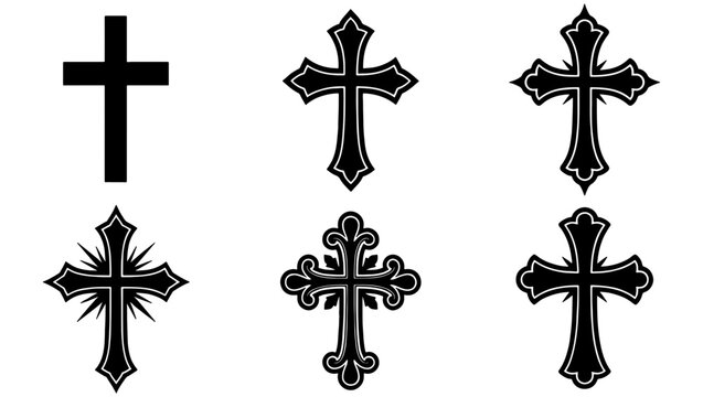 Gothic Christian cross collection, 6 black vector crucifix icons, ornate religious symbols for church branding and tattoo design