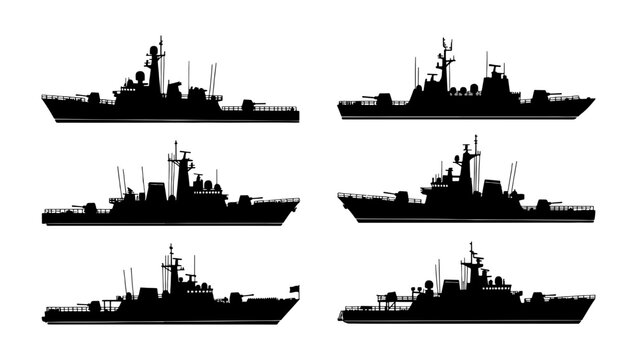 Military warship silhouettes set, collection of 6 naval vessel icons, black destroyer and frigate vector shapes for marine defense graphics