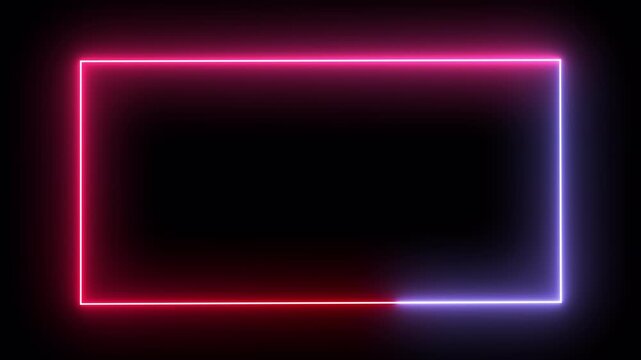 Abstract Neon Light Rectangle Frame Glowing on Black Background with Dynamic Color Changes.