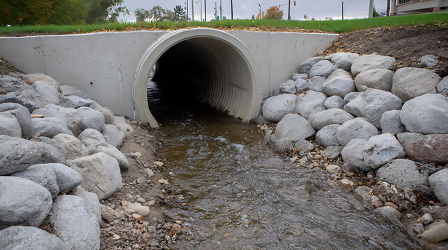 Culvert Drainage System with Flowing Water and Riprap Rocks: An Essential Structure for Stormwater Management and Erosion Control