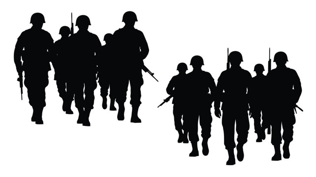 Group of soldiers marching forward depicted in stark black silhouette